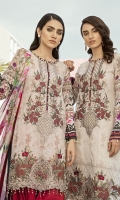 Embroidered Digital Printed Lawn Front	1.25 Yards Digital Printed Lawn Back	1.25 Yards Digital Printed Lawn Sleeves	0.72 Yard Digital Printed Chiffon Dupatta	2.70 Yards Embroidred Organza Front Daman	1.00 PC Dyed Trouser (Skin Color)	2.70 Yards