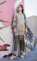 Embroidered Digital Printed Lawn Front	1.25 Yards Digital Printed Lawn Back	1.25 Yards Digital Printed Lawn Sleeves	0.72 Yard Digital Printed Chiffon Dupatta	2.70 Yards Embroidered Organza Front Back Patti	2.00 Yards Dyed Trouser	2.70 Yards