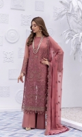 • Embroidered Chiffon Front • Embroidered Chiffon Back • Embroidered Chiffon Sleeves • Embroidered Chiffon Dupatta • Embroidered Organza Border For Front • Embroidered Organza Border For Back • Embroidered Organza Border For Sleeves • Dyed Trouser