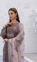• Embroidered Chiffon Front • Embroidered Chiffon Side Panels • Embroidered Chiffon Back • Embroidered Chiffon Sleeves • Embroidered Chiffon Dupatta ( Contrast ) • Embroidered Organza Border For Front • Embroidered Organza Border For Back • Embroidered Organza Border For Sleeves • Dyed Trouser