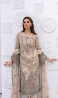• Embroidered Chiffon Front • Embroidered Chiffon Side Panels • Embroidered Chiffon Back • Embroidered Chiffon Sleeves • Embroidered Chiffon Dupatta • Embroidered Organza Border For Front • Embroidered Organza Border For Back • Dyed Trouser