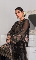 Embroidered Chiffon Front Panel Embroidered Chiffon Front Left Panel Embroidered Chiffon Front Right Panel Plain Chiffon Back Embroidered Chiffon Sleeves Embroidered Chiffon Dupatta Embroidered Organza Border For Front Embroidered Organza Border For Back Embroidered Organza Border For Sleeves Dyed Trouser ( Contrast )