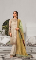 Embroidered Chiffon Front Plain Chiffon Back Embroidered Chiffon Sleeves Embroidered Chiffon Dupatta Embroidered Organza Border For Front Embroidered Organza Border For Back Embroidered Organza Border For Sleeves Dyed Trouser