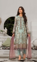 Embroidered Chiffon Front Embroidered Chiffon Side Embroidered Chiffon Front Embroidered Chiffon Side Panels Plain Chiffon Back Embroidered Chiffon Sleeves Stone Embellished Net Dupatta ( Contrast ) Embroidered Organza Border For Front Embroidered Organza Border For Back Embroidered Silk Border For Sleeves ( Hand Made ) Embroidered Organza Neck line Patch ( Hand Made ) Embroidered Silk Border For Dupatta (Contrast) Dyed Trouser