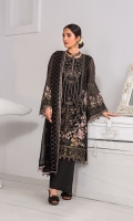 Embroidered Chiffon Front Panel Embroidered Chiffon Front Left Panel Embroidered Chiffon Front Right Panel Plain Chiffon Back Embroidered Chiffon Sleeves Embroidered Chiffon Dupatta Embroidered Organza Border For Front Embroidered Organza Border For Back Embroidered Organza Border For Sleeves Dyed Trouser ( Contrast )