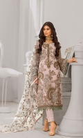 Embroidered Chiffon Front Embroidered Chiffon Side Panels Plain Chiffon Back Embroidered Chiffon Sleeves Embroidered Net Dupatta (Contrast) Embroidered Organza Border For Front Embroidered Organza Border For Back Embroidered Organza Border For Sleeves Embroidered Organza Neck line Patch ( Hand Made ) Dyed Trouser
