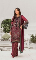 Embroidered Chiffon Front Embroidered Chiffon Side Panels Plain Chiffon Back Embroidered Chiffon Sleeves Embroidered Chiffon Dupatta Embroidered Organza Border For Front Embroidered Organza Border For Back Embroidered Organza Border For Sleeves Embroidered Organza Motive For Front ( Hand Made ) Embroidered Silk Border For Dupatta (Contrast) Dyed Trouser