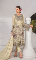 Embroidered Chiffon Front Embroidered Chiffon Side Panels Plain Chiffon Back Embroidered Chiffon Sleeves Embroidered Chiffon Dupatta Embroidered Organza Border For Front Embroidered Organza Border For Back Dyed Trouser