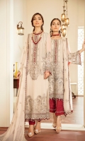 Embroidered Chiffon Front Embroidered Chiffon Side Pannel Embroidered Chiffon Back Embroidered Chiffon Sleeves Embroidered Chiffon Dupatta Embroidered Organza Neck Line Patch ( Hand Made ) Embroidered Organza Border For Front Embroidered Organza Border For Back Embroidered Silk Border For Front (Contrast) Embroidered Silk Border For Back (Contrast) Embroidered Silk Border For Sleeves (Contrast) Embroidered Silk Border For Dupatta (Contrast) Dyed Trouser (Contrast)