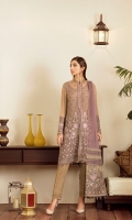 Embroidered Chiffon Front Plain Chiffon Back Embroidered Chiffon Sleeves Plain Net Dupatta (Contrast) Embroidered Organza Border For Front Embroidered Organza Border For Back Embroidered Organza Border For Sleeves Embroidered Organza Border For Jacket Embroidered Organza Pallu For Dupatta (Contrast) Embroidered Organza Lines For Dupatta (Contrast) Dyed Trouser