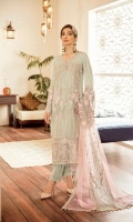 Embroidered Chiffon Front Embroidered Chiffon Side Pannel Plain Chiffon Back Embroidered Chiffon Sleeves Embroidered Chiffon Dupatta Pannel Plain Net Dupatta (Contrast) Embroidered Organza Daman For Front (Contrast) Embroidered Organza Daman For Back (Contrast) Embroidered Organza Border For Sleeves Embroidered Organza Border For Duppata Dyed Trouser