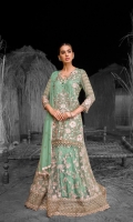 Embroidered Chiffon Front (Stone Embellished) Embroidered Chiffon Side Panels Plain Chiffon Back Embroidered Chiffon Sleeves (Stone Embellished) Stone Embellished Chiffon Dupatta Embroidered Organza Border For Front (Hand Made) Embroidered Organza Border For Back (Hand Made) Embroidered Organza Border For Sleeves Embroidered Organza Border For Lehenga (Stone Embellished) Embroidered Net Lehenga Dyed Trouser