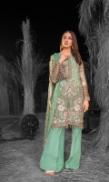 Embroidered Chiffon Front ( Stone Embellished ) Embroidered Chiffon Side Panels Plain Chiffon Back Embroidered Chiffon Sleeves ( Stone Embellished ) Stone Embellished Chiffon Dupatta Embroidered Organza Border For Front ( Hand Made ) Embroidered Organza Border For Back Embroidered Organza Border For Sleeves ( Hand Made ) Embroidered Organza Neckline ( Hand Made ) Dyed Trouser