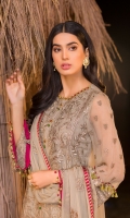 Embroidered Chiffon Front Center Panel Embroidered Chiffon Front Left Panel Embroidered Chiffon Front Right Panel Plain Chiffon Back Embroidered Chiffon Sleeves Embroidered Chiffon Dupatta Embroidered Organza Daman For Front Embroidered Organza Border For Front Embroidered Organza Border For Back Dyed Trouser