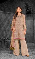 Embroidered Chiffon Front Center Panel Embroidered Chiffon Front Left Panel Embroidered Chiffon Front Right Panel Plain Chiffon Back Embroidered Chiffon Sleeves Embroidered Chiffon Dupatta Embroidered Organza Daman For Front Embroidered Organza Border For Front Embroidered Organza Border For Back Dyed Trouser