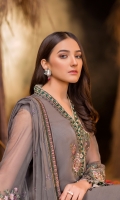 Embroidered Chiffon Front Embroidered Chiffon Side Panels Plain Chiffon Back Embroidered Chiffon Sleeves Stone Embellished Chiffon Dupatta Embroidered Organza Border For Front Embroidered Organza Border For Back Embroidered Organza Neck line Patch ( Hand Made ) Embroidered Silk Border For Dupatta ( Contrast ) Dyed Trouser