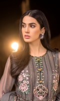 Embroidered Chiffon Front Embroidered Chiffon Side Panels Plain Chiffon Back Embroidered Chiffon Sleeves Stone Embellished Chiffon Dupatta Embroidered Organza Border For Front Embroidered Organza Border For Back Embroidered Organza Neck line Patch ( Hand Made ) Embroidered Silk Border For Dupatta ( Contrast ) Dyed Trouser