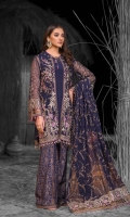 Embroidered Chiffon Front Embroidered Chiffon Side Panels Plain Chiffon Back Embroidered Chiffon Sleeves Embroidered Chiffon Dupatta Embroidered Organza Border For Front Embroidered Organza Border For Back Embroidered Organza Border For Sleeves Embroidered Organza Border For Dupatta Pallu Embroidered Organza Border For Trouser Dust Print Trouser