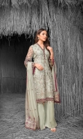 Embroidered Chiffon Front Embroidered Chiffon Side Pannels Plain Chiffon Back Embroidered Chiffon Sleeves Embroidered Chiffon Dupatta Embroidered Organza Border For Front Embroidered Organza Border For Back Embroidered Organza Border For Sleeves Embroidered Organza Border For Dupatta Pallu Embroidered Organza Border For Neckline Dyed Trouser
