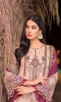 Embroidered Chiffon Front Embroidered Chiffon Side Panels Embroidered Chiffon Back Embroidered Chiffon Sleeves Embroidered Chiffon Dupatta ( Contrast ) Embroidered Organza Motive For Front ( Hand Made ) Embroidered Organza Border For Back Embroidered Organza Border For Trouser Dyed Trouser