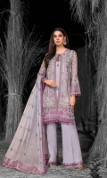 Embroidered Chiffon Front Left Panel Embroidered Chiffon Front Right Panel Embroidered Chiffon Side Panels Embroidered Chiffon Back Embroidered Chiffon Sleeves Embroidered Chiffon Dupatta Embroidered Organza Border For Front Embroidered Organza Border For Back Embroidered Organza Border For Sleeves Embroidered Organza Border For Dupatta Pallu Embroidered Organza Border For Trouser Dyed Trouser