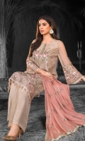 Embroidered Chiffon Front Embroidered Chiffon Side Panels Plain Chiffon Back Embroidered Chiffon Sleeves Embroidered Chiffon Dupatta ( Contrast ) Embroidered Organza Border For Front Embroidered Organza Border For Back Dyed Trouser