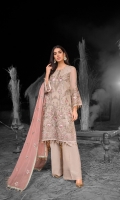 Embroidered Chiffon Front Embroidered Chiffon Side Panels Plain Chiffon Back Embroidered Chiffon Sleeves Embroidered Chiffon Dupatta ( Contrast ) Embroidered Organza Border For Front Embroidered Organza Border For Back Dyed Trouser