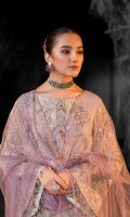 Embroidered Chiffon Front ( Stone Embellished ) Embroidered Chiffon Side Panels Plain Chiffon Back Embroidered Chiffon Sleeves Stone Embellished Net Dupatta ( Contrast ) Embroidered Organza Border For Front Embroidered Organza Border For Back Embroidered Organza Border For Sleeves Embroidered Organza Border For Dupatta Pallu Embroidered Organza Patch For Trouser Dyed Trouser
