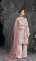 Embroidered Chiffon Front ( Stone Embellished ) Embroidered Chiffon Side Panels Plain Chiffon Back Embroidered Chiffon Sleeves Stone Embellished Net Dupatta ( Contrast ) Embroidered Organza Border For Front Embroidered Organza Border For Back Embroidered Organza Border For Sleeves Embroidered Organza Border For Dupatta Pallu Embroidered Organza Patch For Trouser Dyed Trouser