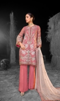 Embroidered Chiffon Front Embroidered Chiffon Side Panels Embroidered Chiffon Back Embroidered Chiffon Sleeves Embroidered Chiffon Dupatta ( Contrast ) Embroidered Organza Border For Front Embroidered Organza Border For Back Embroidered Organza Patch For Sleeves Embroidered Organza Border For Sleeves ( Hand Made ) Embroidered Organza Neckline ( Hand Made ) Dyed Trouser