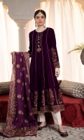 Shirt: Velvet (Screen Printed) Frock Color:Purple Trouser: Silk Dupatta: Silk (Screen Printed)