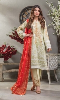 Gold Printed Lawn Dupatta – 2.5 meters Embroidered Dyed Lawn Shirt – 3 meters Embroidered Dyed Trouser – 1.75 meters