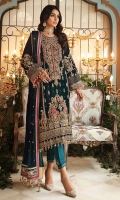 Embroidered Velvet Dupatta with Dupatta Pallu Border – 2.5 meters Embroidered Velvet Front Center, Right & Left Panels & Front Border with Handwork. Embroidered Velvet Back with Embroidered Velvet Border, Embroidered Velvet Sleeves with Handwork – 2.63 meters Dyed Raw Silk Trouser – 2.5 meters