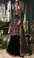 Sequins Embroidered Khaddi Net Dupatta – 2.5 meters Sequins Embroidered Velvet Shirt Front & Back Center Pannel with Handwork of Cora, Naqshi, Pearl, Beads & Cutdana. Sequins Embroidered Velvet Shirt Front & Shirt Back Side Pannel. Sequins Embroidered Velvet Sleeves, Neckline & Border for Shirt Front with Handwork of Cora, Naqshi, Pearl, Beads & Cutdana. Sequins Embroidered Velvet Border for Shirt Back – 2.66 meters Dyed Velvet Trouser – 2.55 meters
