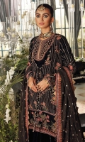 Sequins Embroidered Khaddi Net Dupatta – 2.5 meters Sequins Embroidered Velvet Shirt Front & Back Center Pannel with Handwork of Cora, Naqshi, Pearl, Beads & Cutdana. Sequins Embroidered Velvet Shirt Front & Shirt Back Side Pannel. Sequins Embroidered Velvet Sleeves, Neckline & Border for Shirt Front with Handwork of Cora, Naqshi, Pearl, Beads & Cutdana. Sequins Embroidered Velvet Border for Shirt Back – 2.66 meters Dyed Velvet Trouser – 2.55 meters