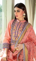 Jacquard Dupatta – 2.5 meters Embroidered Lacquer Lawn Front & Sleeves – 1.825 meters Lacquer Printed Lawn Back – 1.175 meters Dyed Trouser – 1.75 meters