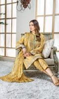 Foil Printed Chiffon Dupatta – 2.5 meters Embroidered with Sequins on Dyed Lawn Front & Embroidered Sleeves, Dyed Lawn Back, Neckline on Dyed Organza – 3.05 meters Dyed Lawn Trouser – 2.5 meters