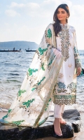 Embroidered Chiffon Dupatta – 2.5 meters Embroidered Lawn Front, Back & Sleeves – 2.78 meters Embroidered Neckline on Organza – 1 piece Dyed Trouser – 1.75 meters