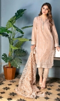 Embroidered Net Dupatta with Sequins – 2.5 meters Embroidered Lawn Front with Lurex & Mirror Handwork, Embroidered Lawn Back with Lurex, Embroidered Lawn Sleeves with Lurex – 2.8 meters Dyed Trouser – 1.75 meters Embroidered Neckline Patti with Lurex on Organza – 1 piece Embroidered Borders for Front & Back with Lurex