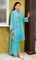Embroidered Chiffon Dupatta – 2.5 meters Embroidered Lawn Front & Sleeves – 2 meters Dyed Lawn Back – 1 meter Dyed Trouser – 1.75 meters