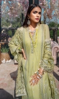 Embroidered Chiffon Dupatta – 2.5 meters Embroidered Chiffon Front & Sleeves with Sequins, Embroidered Chiffon Back with Front Side Panels – 2.92 meters Dyed Inner – 1.5 meters Dyed Trouser – 1.75 meters Embroidered Border for Shirt Front & Back with Sequins on Organza Embroidered Neckline Patti with Sequins on Organza