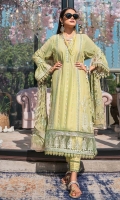 Embroidered Chiffon Dupatta – 2.5 meters Embroidered Chiffon Front & Sleeves with Sequins, Embroidered Chiffon Back with Front Side Panels – 2.92 meters Dyed Inner – 1.5 meters Dyed Trouser – 1.75 meters Embroidered Border for Shirt Front & Back with Sequins on Organza Embroidered Neckline Patti with Sequins on Organza