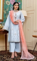 Embroidered Dyed Khaddi Net Dupatta with Zari & Sequins and Embroidered Border on Organza with Sequins – 2.5 meters Embroidered Dyed Lawn Front Panel with Zari & Sequins, Embroidered Dyed Lawn Side Panel with Zari, Dyed Lawn Back, Embroidered Dyed Lawn Sleeves with Embroidered Border for Front with Zari & Sequins – 2.99 meters Dyed Trouser – 1.75 meters