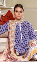 Embroidered Printed Chiffon Dupatta – 2.5 meters Embroidered Printed Lawn Shirt – 3 meters Dyed Trouser – 1.75 meters