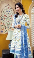 Embroidered & Printed Chiffon Dupatta – 2.5 meters Printed Front, Back & Sleeves with Embroidered Neckline on Organza – 3 meters Dyed Trouser – 1.75 meters