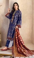 Jacquard Dupatta – 2.5 meters Jacquard Shirt with Embroidered Neckline on Organza – 3.55 meters Dyed Trouser – 1.75 meters