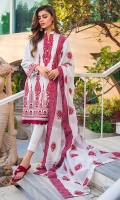 Embroidered Jacquard Dupatta – 2.5 meters Embroidered Lacquer Printed Lawn Front & Back – 1.825 meters Lacquer Printed Lawn Back – 1.175 meters Dyed Trouser – 1.75 meters Embroidered Neckline For Front on Organza
