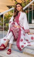 Embroidered Jacquard Dupatta – 2.5 meters Embroidered Lacquer Printed Lawn Front & Back – 1.825 meters Lacquer Printed Lawn Back – 1.175 meters Dyed Trouser – 1.75 meters Embroidered Neckline For Front on Organza