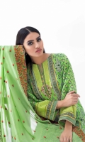 Embroidered Chiffon Dupatta – 2.5 meters Gold Printed Lawn Shirt – 1.75 meters Dyed Trouser – 1.75 meters