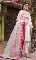 Embroidered Checks Organza Dupatta – 2.5 meters Embroidered Lacquer Printed Lawn Front & Sleeves – 1.825 meters Lacquer Printed Lawn Back – 1.175 meters Dyed Trouser – 1.75 meters